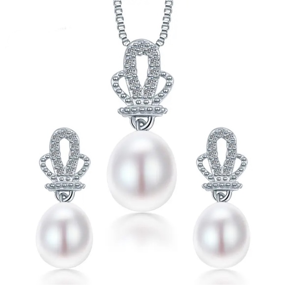 NWT 925 ST SILVER NATURAL PEARL CROWN PENDANT & EARRING JEWELRY SETS - Picture 2 of 15